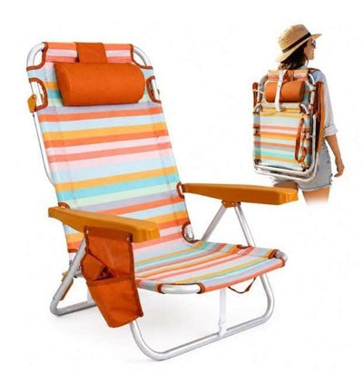 Silla de Playa Multiposición - 22cm de Altura de Asiento y 25cm de Reposacabezas - Silla Plegable de Aluminio con Asas para Tran