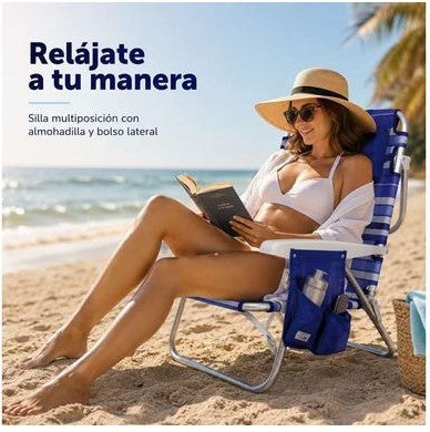 Silla playa aluminio multiposicion rayas azules con almohadilla, bolso lateral, asas para transportar y para colgar en espalda,