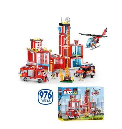 Construccion Estación de Bomberos y Estación de Policia Max Build con vehículos y accesorios 976 pzas 55 x 40 cm - Modelos surti