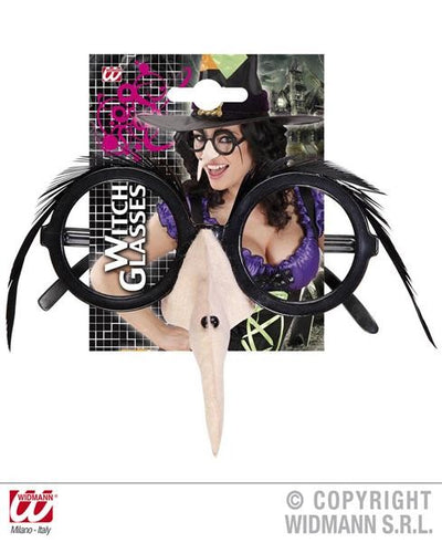 GAFAS CON NARIZ DE BRUJA Y CEJAS DE PLUMAS NEGRAS