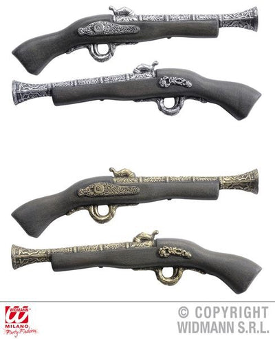 "PISTOLA PIRATA ANTIGUA" 42 CM - SURT.PLATEADO Y DORAD