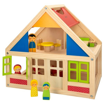 WOOMAX-CASA MUÑECAS MADERA C/MUEBLES+2 MUÑECOS +3A